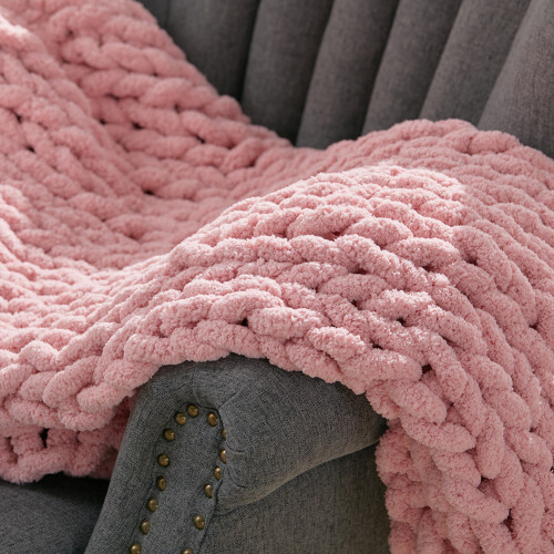 Living And Home Pink Hand-Woven Throw Cozy Chenille Blanket for Couch and Bed 2