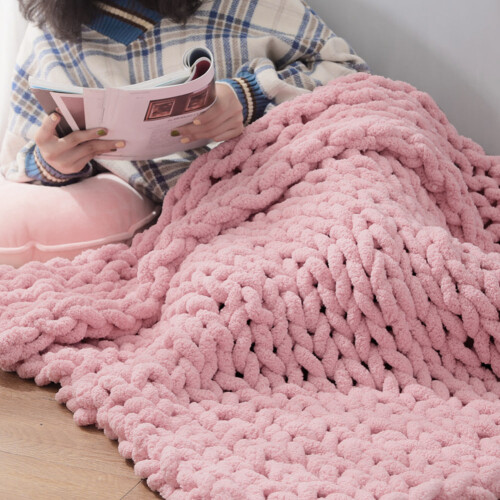 Living And Home Pink Hand-Woven Throw Cozy Chenille Blanket for Couch and Bed 1