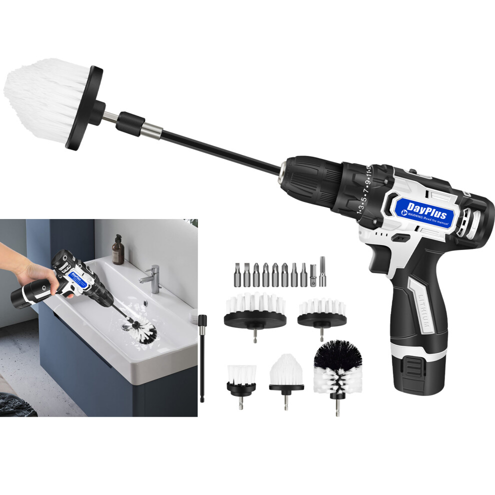 (1 Battery) Electric Drill Scrub Brushes Kit with 5pcs Brushes and 10pcs Drilling Bit for Car Grout Floor Tub Shower Tile Sink