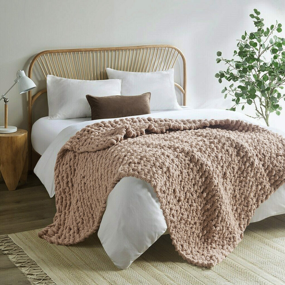 Khaki Hand-Woven Throw Cozy Chenille Blanket for Couch and Bed
