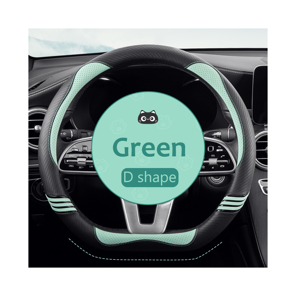 (Green D Type1) Car Steering Wheel Cover Leather Universal Carbon Fiber Pattern Anti-slip Auto Steering Wheel Protector Case 38CM Car-styling