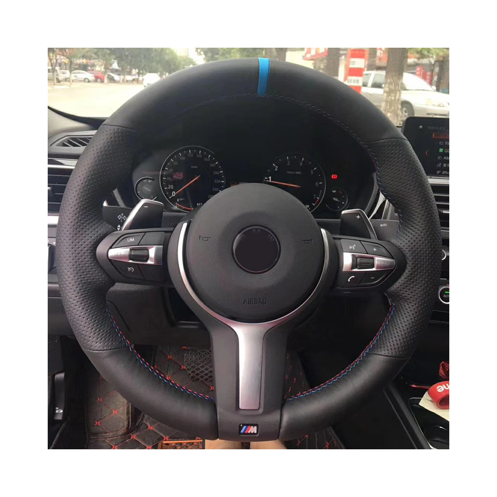 (Light blue thread) Artificial leather Blue Marker Steering Wheel Cover for BMW F87 M2 F80 M3 F82 M4 M5 F12 F13 M6 F85 X5 X6 F33 F30 M Sport-image-OPC-PDYFMT7-NEW