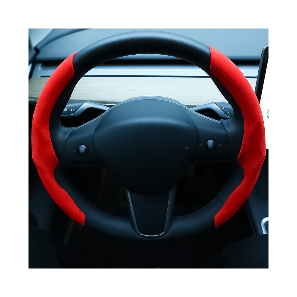 (Red) Suede Leather Anti-Slip Car Steering Wheel Cover All Seasons Universal Car Steering Wheel Suede Fabric Sweat-Absorbent Cover Red 8721142013568