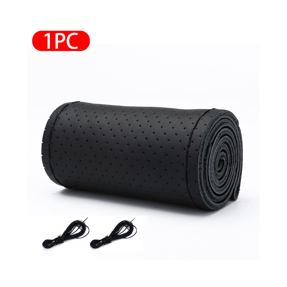 (Black) Genuine Leather Car Steering Wheel Cover With Needles Thread Diy Braid 37-38Cm Anti-Slip Cowhide Steer-Wheel Protector Black 8721142000162