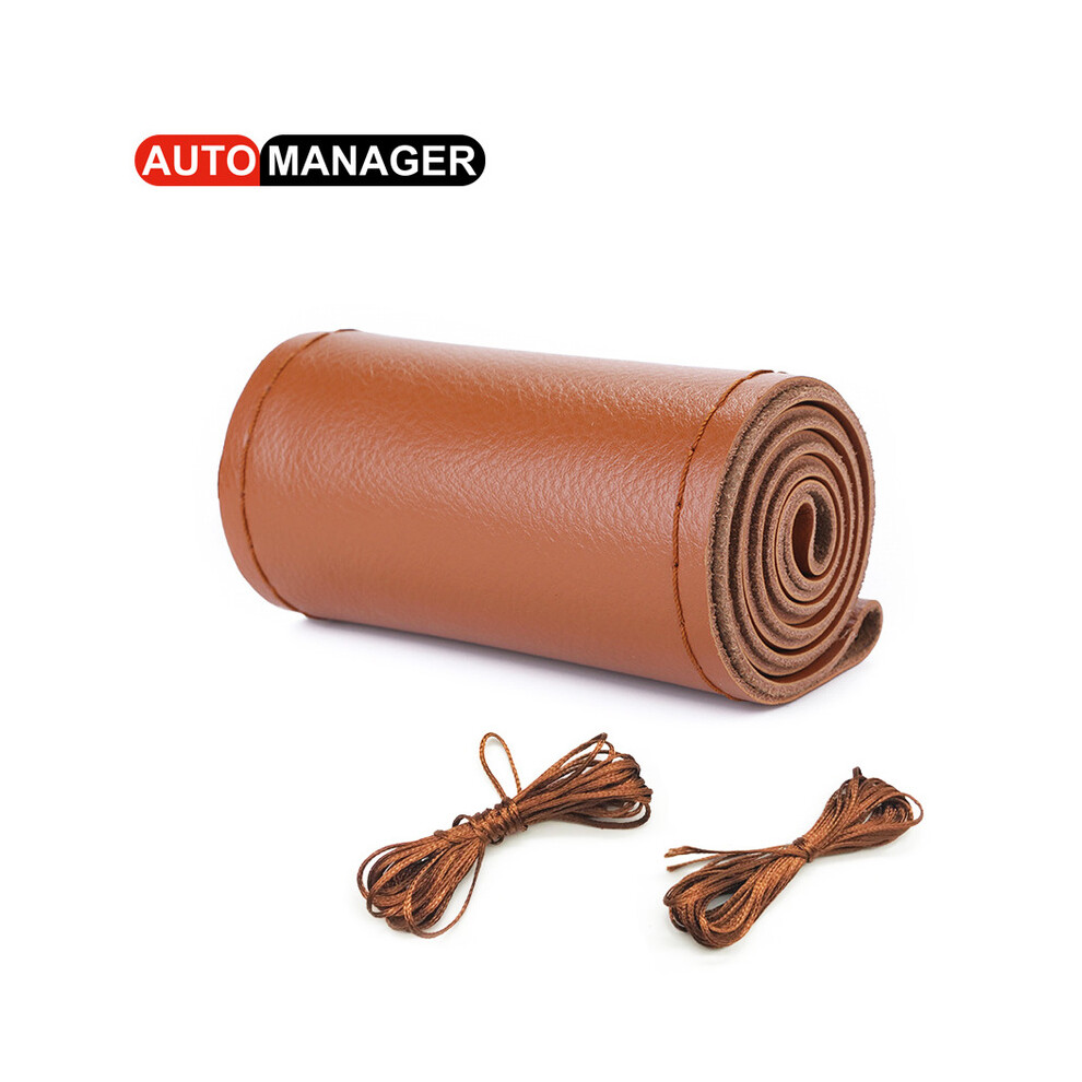 (Brown) Braid Steering Wheel Cover Genuine Cowhide Leather Car Steering-Wheel On Wrap With Needle Thread 15Inch 38Cm Brown 8721142007352