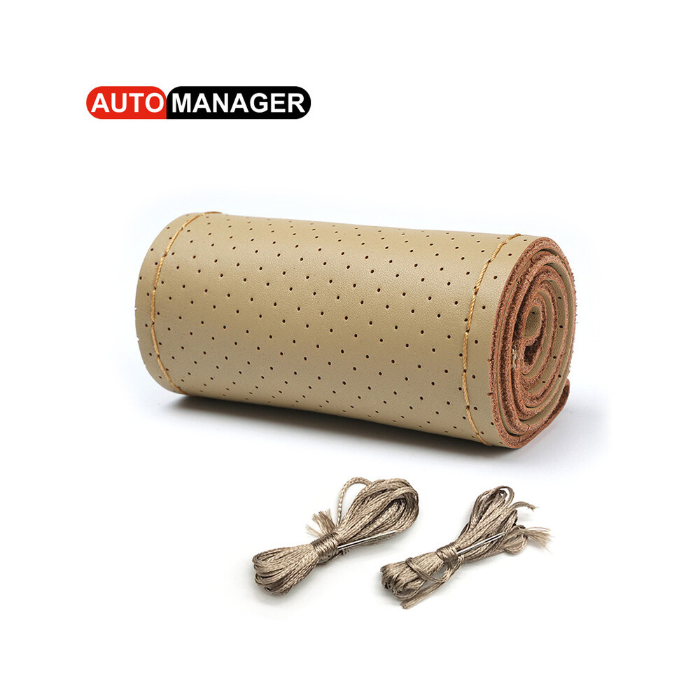 (Hole ) Braid Steering Wheel Cover Genuine Cowhide Leather Car Steering-Wheel On Wrap With Needle Thread 15Inch 38Cm Beige 8721142007383