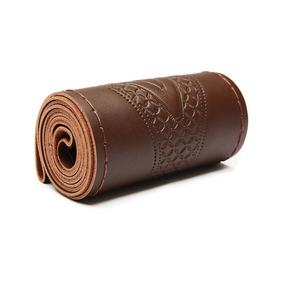 ( Brown) Universal 37-38Cm Genuine Leather Fashion Embossed Car Steering Wheel Cover Cowhide Steering-Wheel Wrap Braid With Needle Thread Dark/Brown 8721142007758