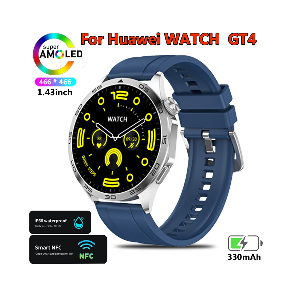 (Blue) Watch GT4 For Huawei Smart Watch Adult GPS Tracker 1.43 Inch 466*466 HD Screen Always Display Bluetooth Call Smartwatch New