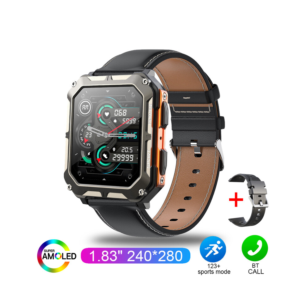 (Orange black leather) 2024 New C20 Pro Smart Watch Voice Assistant BT Wireless Call Business Outdoor Sports IP68 Waterproof Wristwatch For Android iO