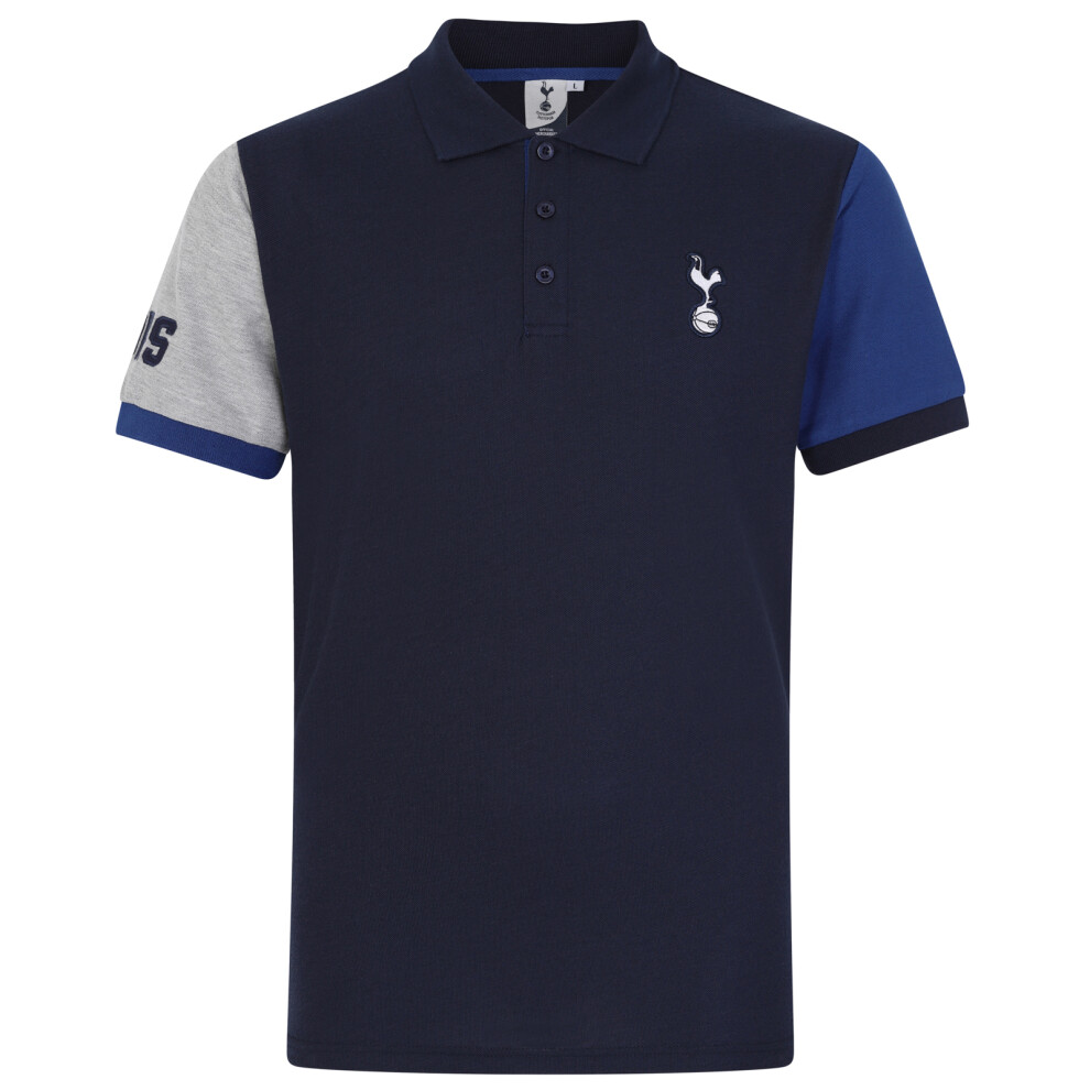 (Navy Contrast Sleeve, Large) Tottenham Hotspur FC Official Football Gift Mens Crest Polo Shirt