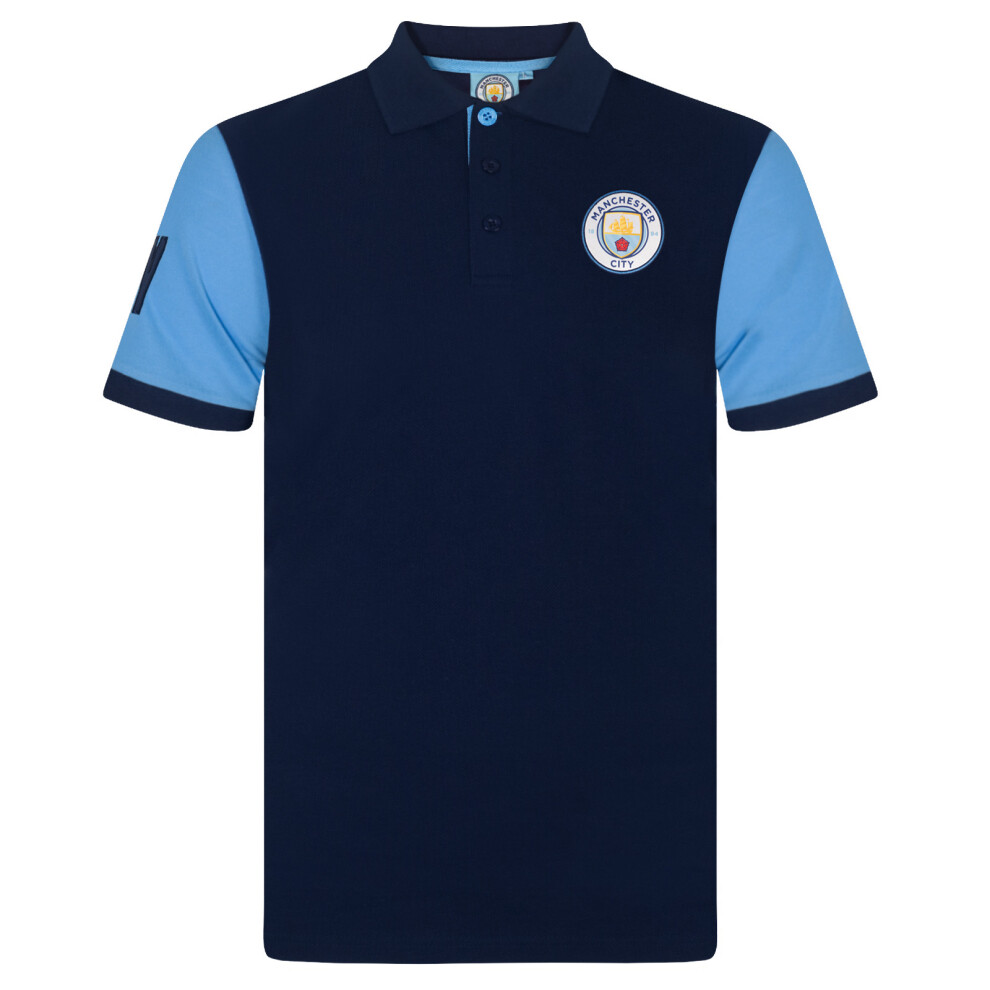 (Navy Contrast Sleeve, 10-11 Years) Manchester City Boys Polo Shirt Crest Kids OFFICIAL Football Gift