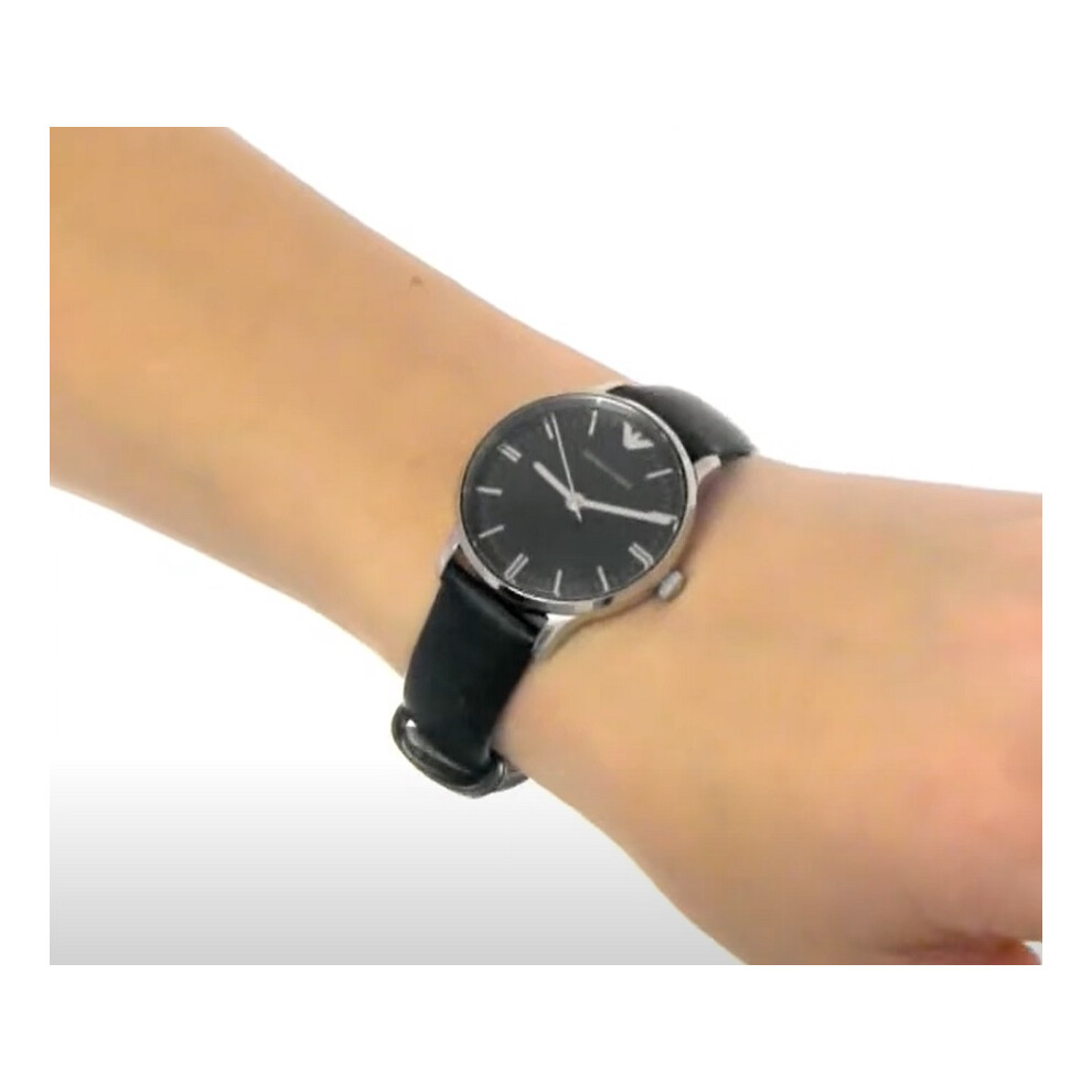 Armani Women's Watch AR1600 Black Leather Strap Black Dial Silver Case