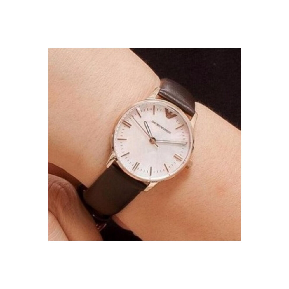 Armani Women's Watch AR1601 Brown Leather White Dial Rose Gold Case