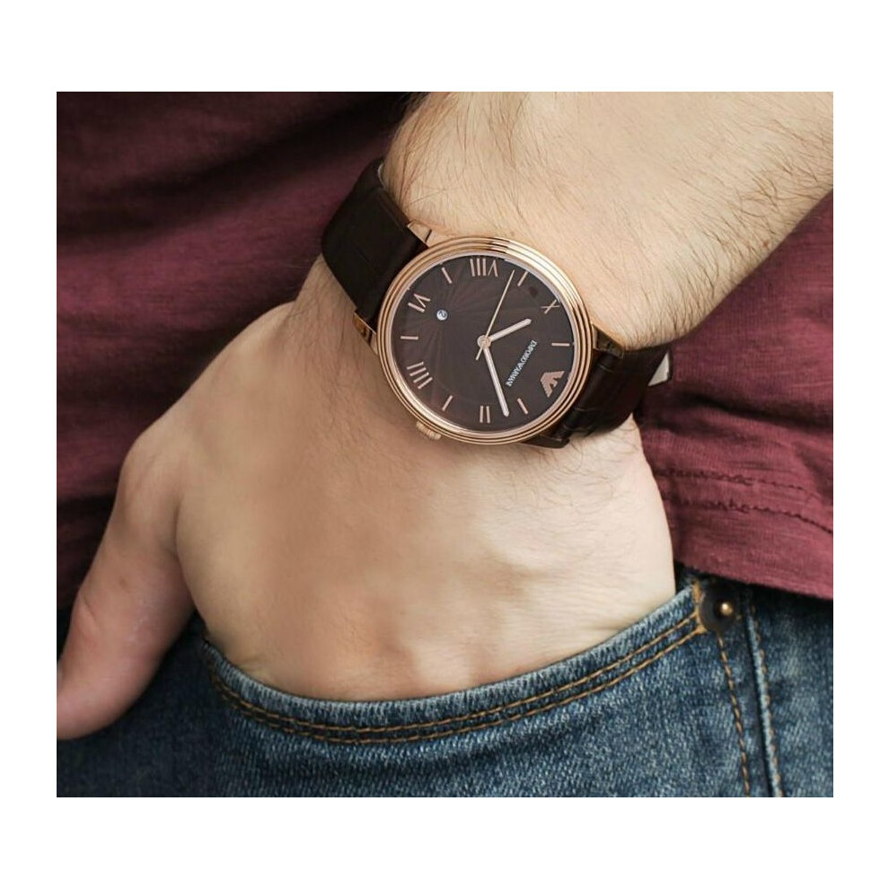 Armani Men's Watch AR1613 Brown Leather Brown Dial Rose Gold Case