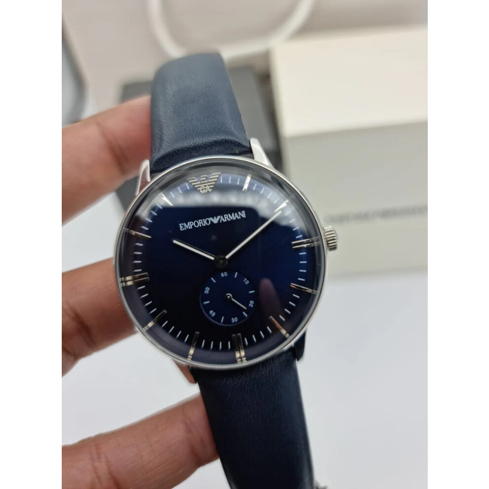 Armani Men's Watch AR1647 Blue Leather Strap Blue Dial Silver Case