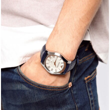Armani Men's Watch AR1666 Blue Leather Strap Silver Dial Silver Case