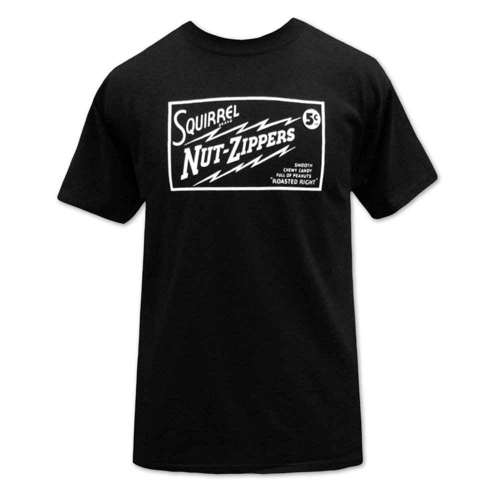 (S) Squirrel Nut Zippers Roasted Right Logo on Black T-shirt S