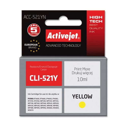 Activejet ACC-521YN Ink (replacement for Canon CLI-521Y; Supreme; 10 ml; yellow)