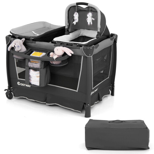 Gymax 5-in-1 Foldable Playpen w/ Bassinet Changing Table Storage Rack Grey