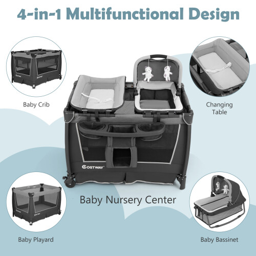 Gymax 5-in-1 Foldable Playpen w/ Bassinet Changing Table Storage Rack Grey 2
