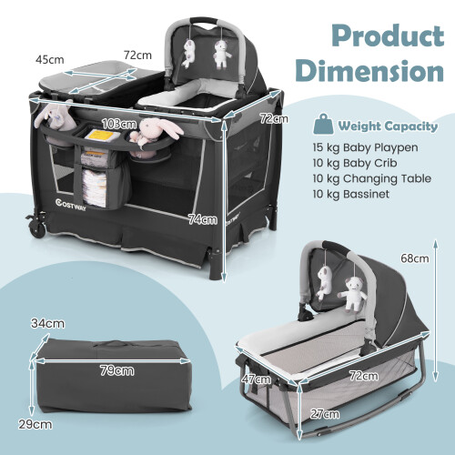 Gymax 5-in-1 Foldable Playpen w/ Bassinet Changing Table Storage Rack Grey 1