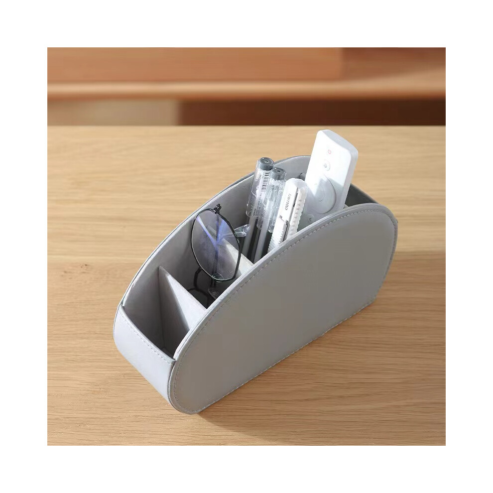 (Gray Cloth) TV Remote Control Holder With 5 Compartments, PU Leather Remote Caddy Storage Box