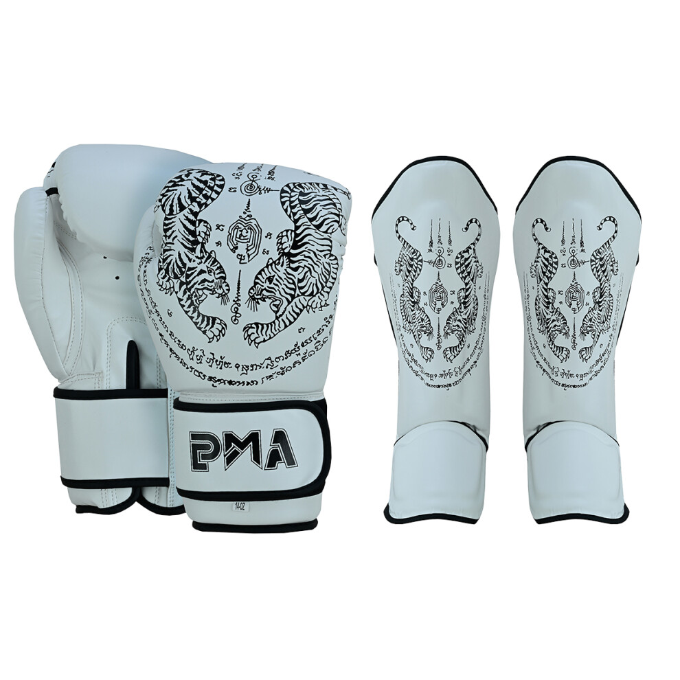 (10oz, Large ) PMA TWIN TIGERS MUAY THAI BOXING GLOVES & SHIN PADS SET - WHITE