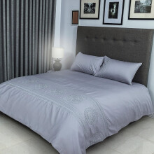 Flax Linen Floral Modern Design Duvet Cover Set Silver (Super King )