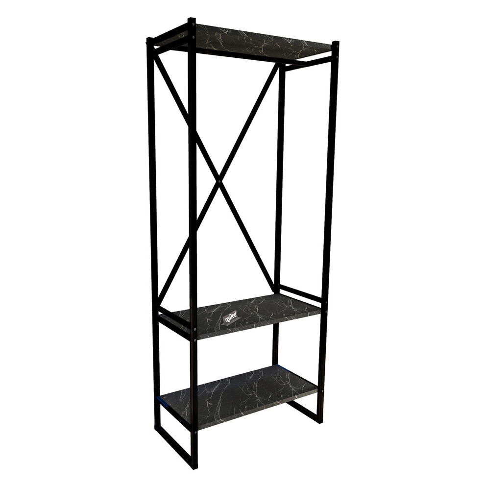 (Black Marble) 3 Tier Wooden Coat Rack and Shoe Storage Stand