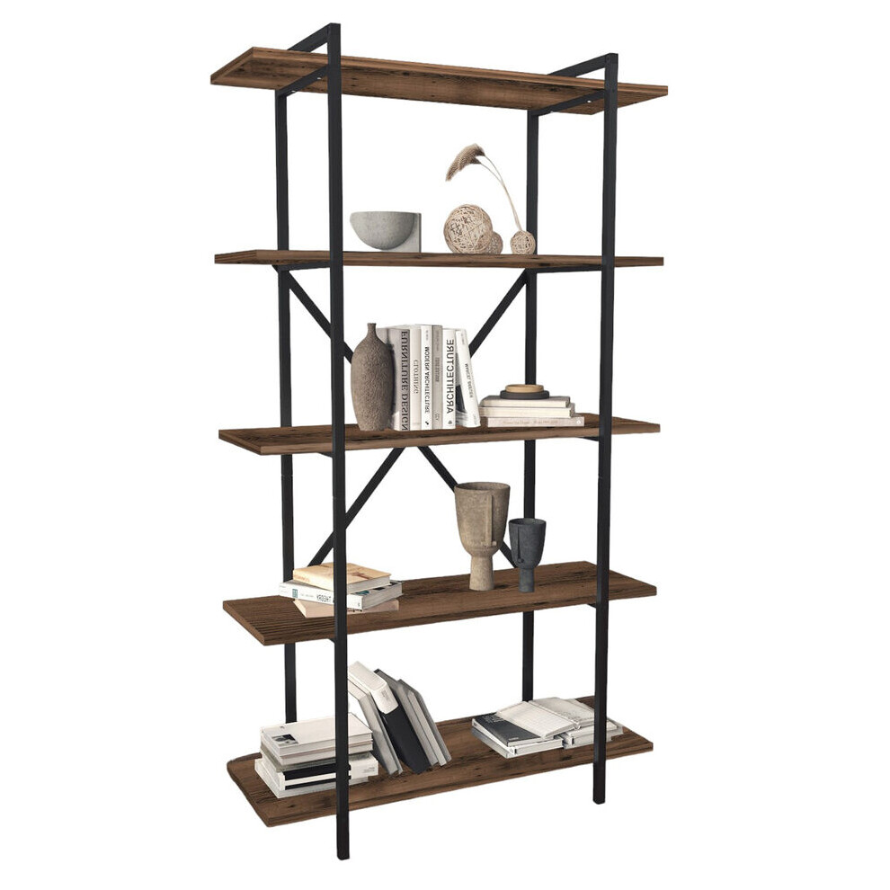 (Burnt Oak) 5-Tier Wooden Bookshelf With Metal Frame