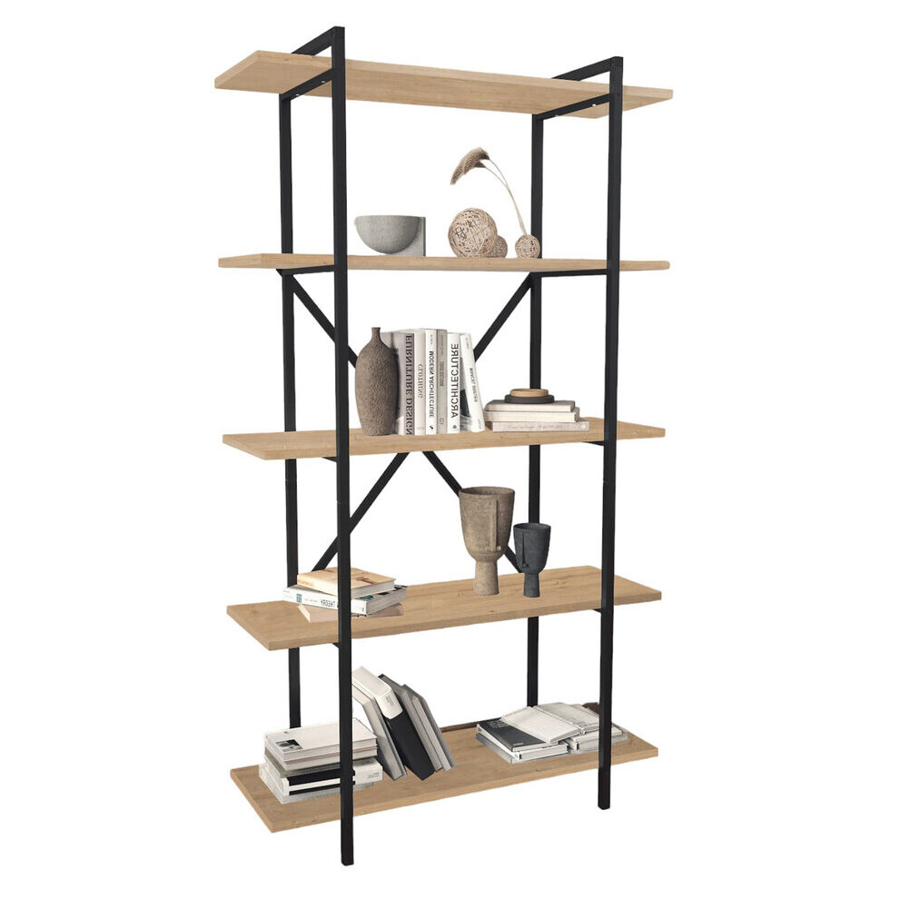 (Sapphire Oak) 5-Tier Wooden Bookshelf With Metal Frame