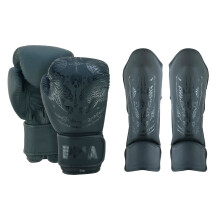 (12oz , X-Large) PMA TWIN TIGERS MUAY THAI BOXING GLOVES & SHIN PADS SET - BLACK
