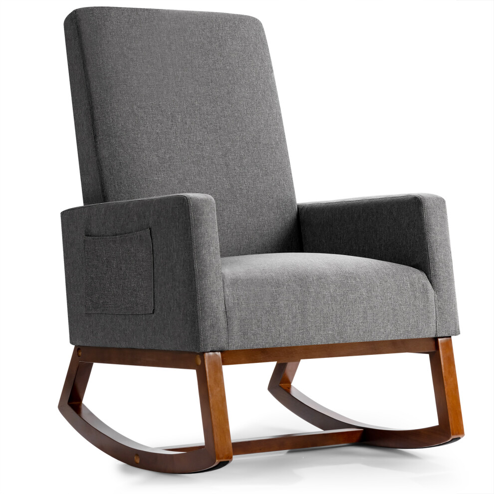 Modern Rocking Chair Upholstered Fabric Armchair with Rubber Wood Base