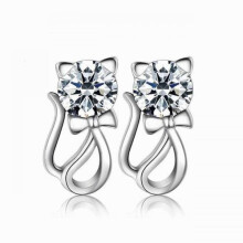 Silver Plated Cubic Zirconia Cat Stud Earrings, Earrings For Shaped Fashionable Women(Silver)