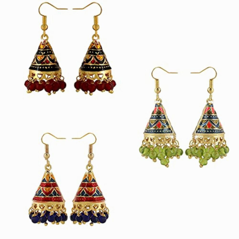 Craftsmanship Work Meenakari Handcrafted Jaipur Rajasthani Style Traditional Plated Multicolour Jhumka/Jhumki Earrings for - Combo of 3