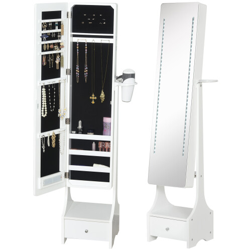 HOMCOM Freestanding Jewellery Storage Mirror Armoire w/ LED Lights Hooks Drawer