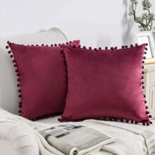 (Burgundy, 18 x 18 in) 2X STOCK Pom Poms Plain Velvet Cushion Cover Pillow Case 12" 18" 20" 22" 24" 26"