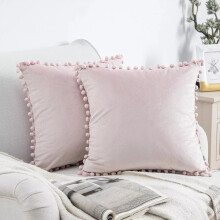 (Pink, 18 x 18 in) 2X STOCK Pom Poms Plain Velvet Cushion Cover Pillow Case 12" 18" 20" 22" 24" 26"