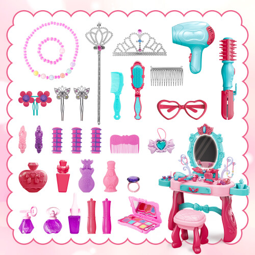 (pink) Princess Vanity Dressing Table with Stool Role Play Makeup Styling Toy 1
