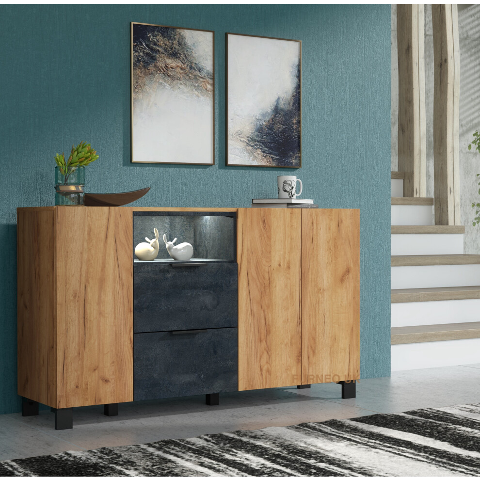 Furneo Sideboard Oak & Black Concrete Effect Cabinet Cupboard Unit White LED Lights Enzo 06