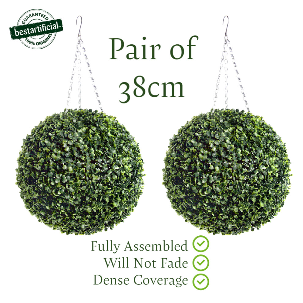 Pair of Best Artificial 38cm Green Boxwood Hanging Basket Topiary Ball