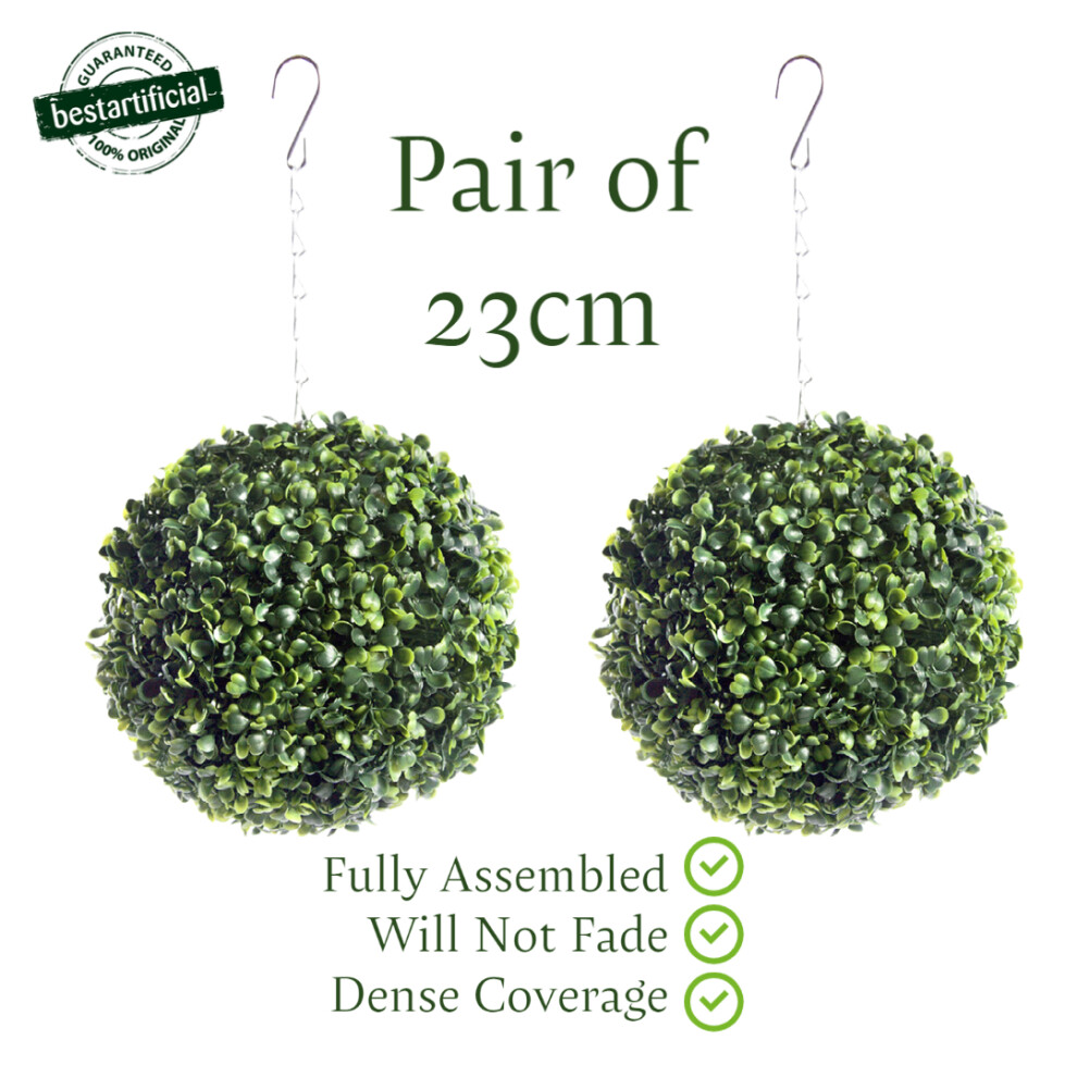 Pair of Best Artificial 23cm Green Boxwood Hanging Basket Topiary Ball