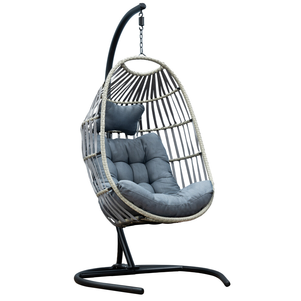 SH&G Hanging Egg Chair | Basket Chair, Stand & Cushion Set | Grey Rattan & Steel with Grey Cushion | Signature Homes and Gardens