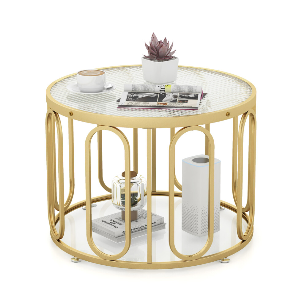 2-Tier Round Coffee Table w/ Tempered Glass Top & Oval Swivel Brackets