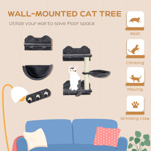PawHut PawHut Wall Mounted Cat Tree 4PC Kitten Activity Centre with Sisal Dark Grey 2
