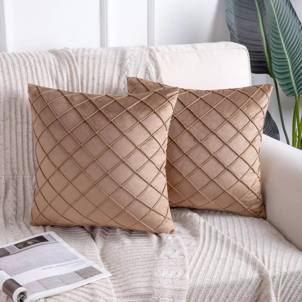 (Camel, 24 x 24 in) 2X NEW Velvet Checked Solid Cushion Cover Tartan Pillow Case 16" 18" 20" 22" 24"-image-OPC-PDYK9N9-NEW