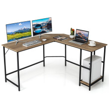 L-Shaped Desk W/ 2-Teir Storage Shelf Metal Frame & Solid Footrest