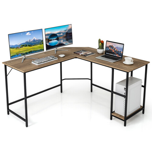 Costway L-Shaped Desk W/ 2-Teir Storage Shelf  Metal Frame & Solid Footrest