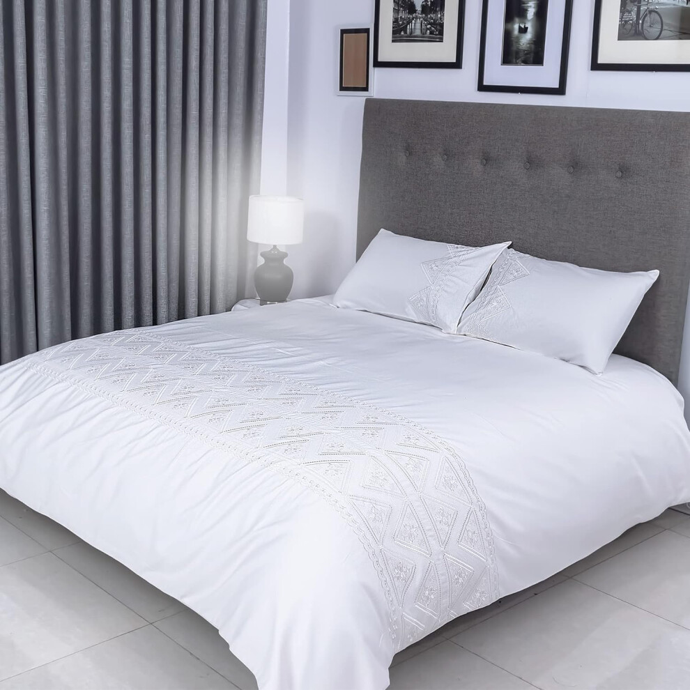 (Super King, White) FlaxLinen Organic Triangle Design Duvet Cover sets