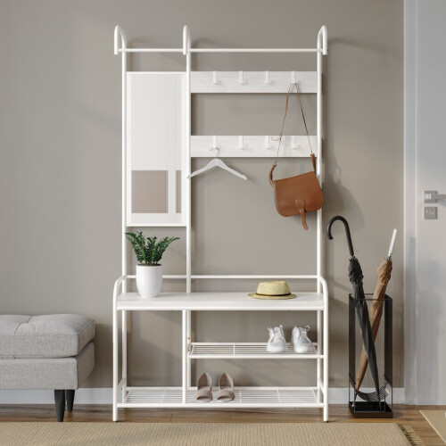 URBN Living (White & White) Hallway Coat Hanger Stand & Shoe Bench Storage